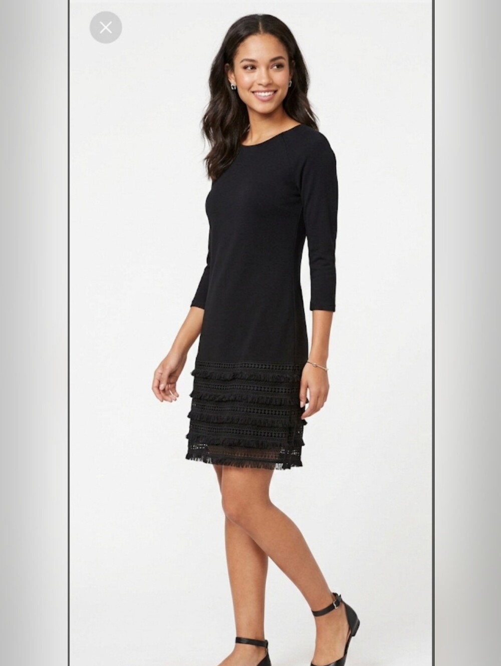 Bailey 44 Black Sheath Dress 3/4 Sleeve Crew Neck, Elegant Lace, Size S.